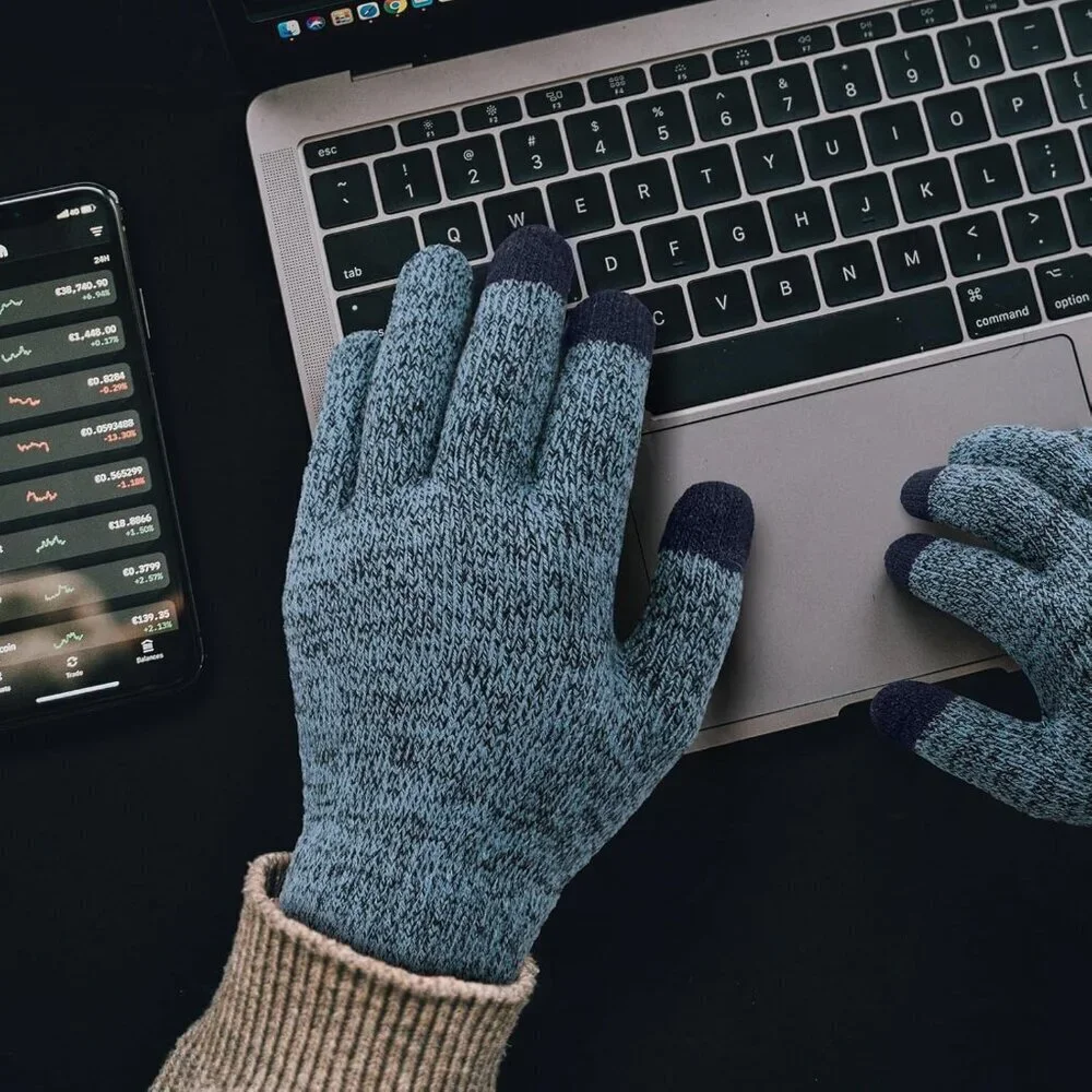 Women's Grey Blue Upgraded Touch Screen Thermal Soft Knit Lining Winter Gloves